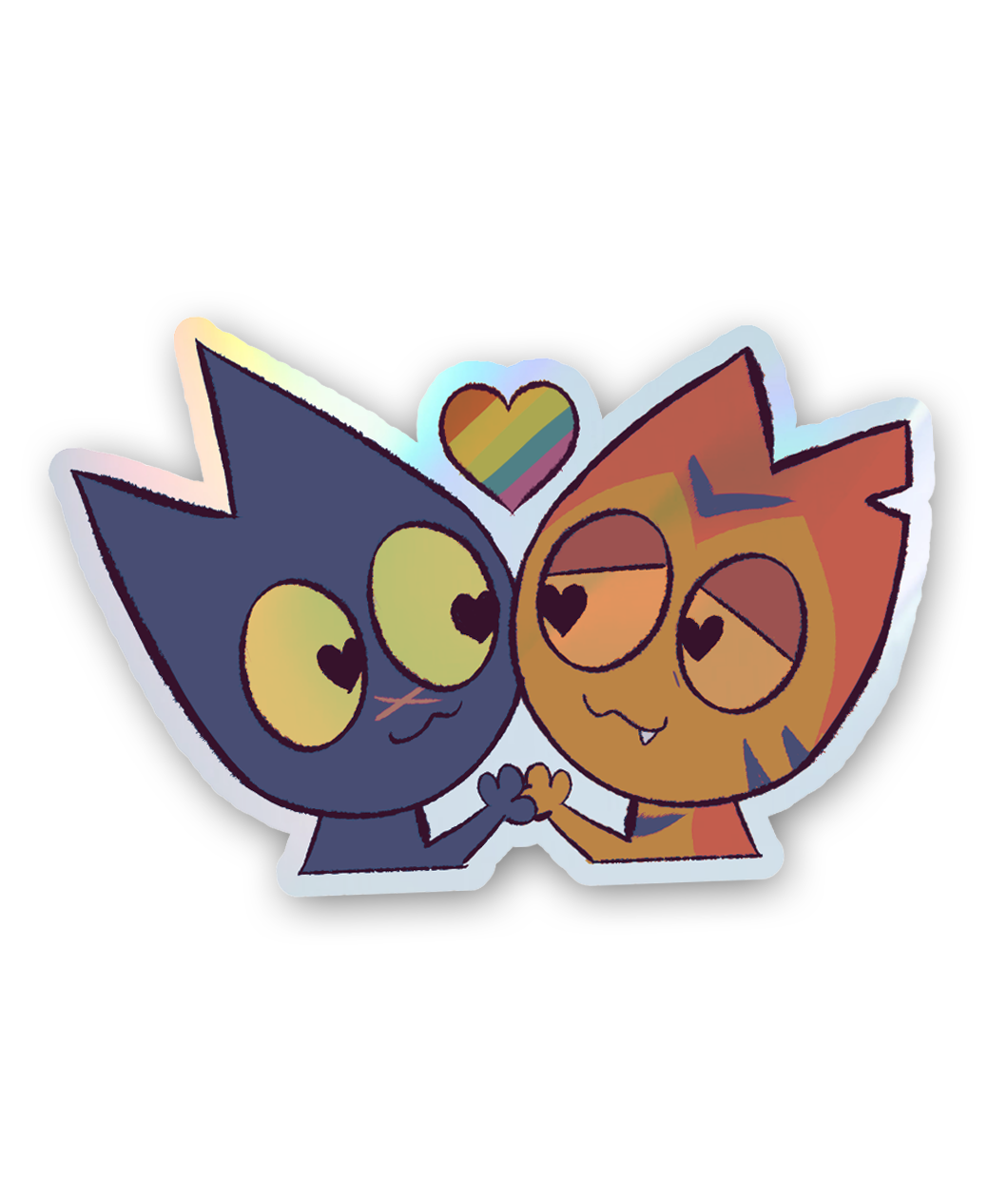 Shiny, holographic sticker from Mars Heyward of two illustrated cats, one blue, one orange, holding hands and looking at each other with a small rainbow heart above their heads. 