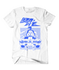 A white t-shirt with blue "Ride or Die" written on the top. Below the text is a person standing in front of a car with "Lucky Devil" written on the jacket. From Mars Heyward.
