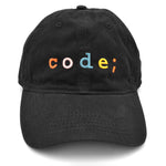 Black hat with “code;” in center of hat. “Code;” is in red, pink, blue, yellow, and orange, respectively- from Mayuko Inoue