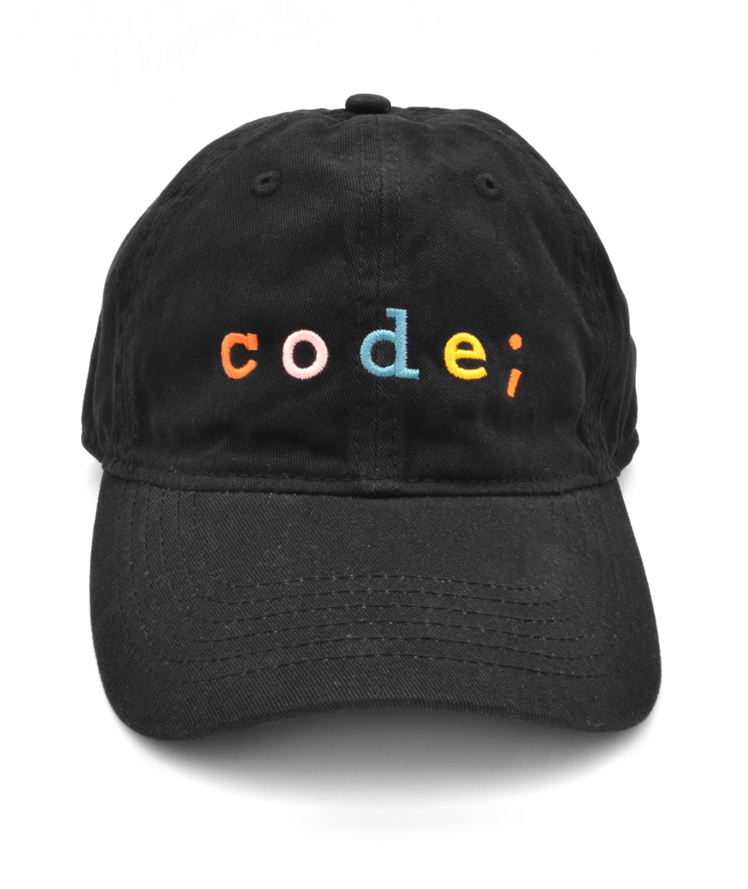 Black hat with “code;” in center of hat. “Code;” is in red, pink, blue, yellow, and orange, respectively- from Mayuko Inoue