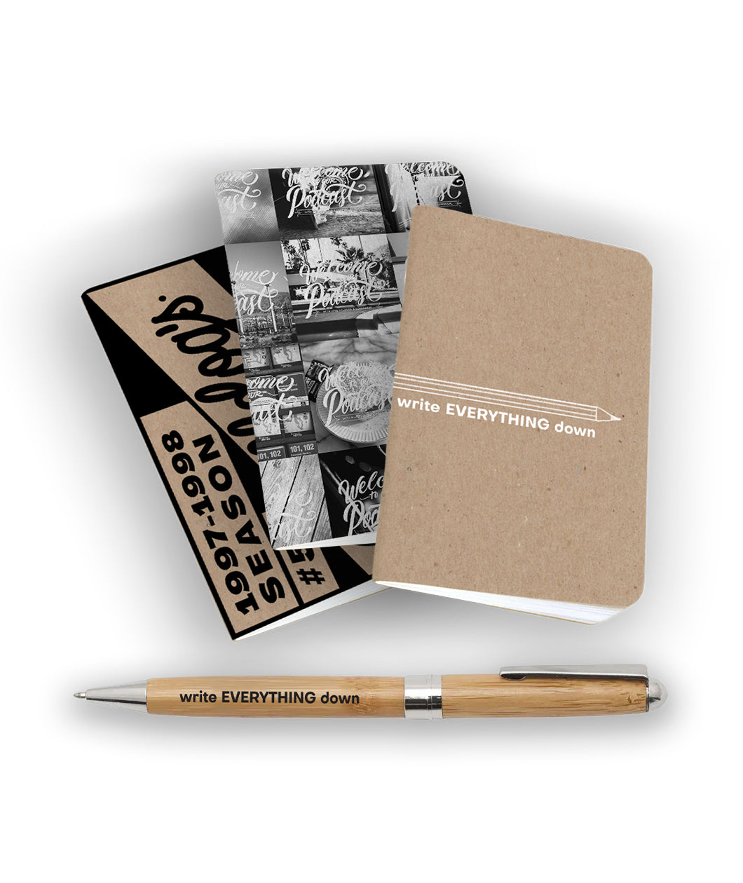 Three little paper notebooks and a wooden pen that says "Write EVERYTHING Down". From Mike Falzone. 