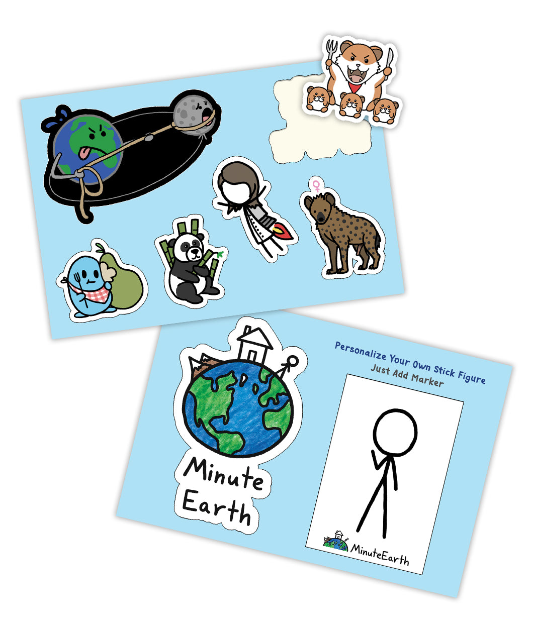 Two different sticker pages from MinuteEarth. One sheet has a sticker of a drawn earth with mountains, a house and stick figure on top and "MinuteEarth" written below. Another sticker of a blank stick figure blank to draw on. The other sheet has six different stickers from the book.
