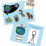 Two different sticker pages from MinuteEarth. One sheet has a sticker of a drawn earth with mountains, a house and stick figure on top and "MinuteEarth" written below. Another sticker of a blank stick figure blank to draw on. The other sheet has six different stickers from the book.