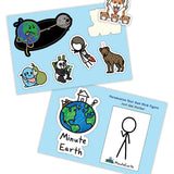 Two different sticker pages from MinuteEarth. One sheet has a sticker of a drawn earth with mountains, a house and stick figure on top and "MinuteEarth" written below. Another sticker of a blank stick figure blank to draw on. The other sheet has six different stickers from the book.