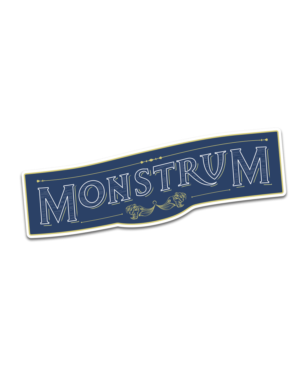 Blue rectangle that is curved upwards with a white and gold outline. “Monstrum” is in blue font with a white outline. Two gold stylized lines are above and below with a gold floral design below - from Monstrum