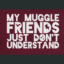 “My Muggle Friends Just Don’t Understand” in white sans serif font. Dark red silhouettes of lightning bolts, snitch, stars, and Deathly Hallows logo are in negative space of some letters - from Lauren Fairweather