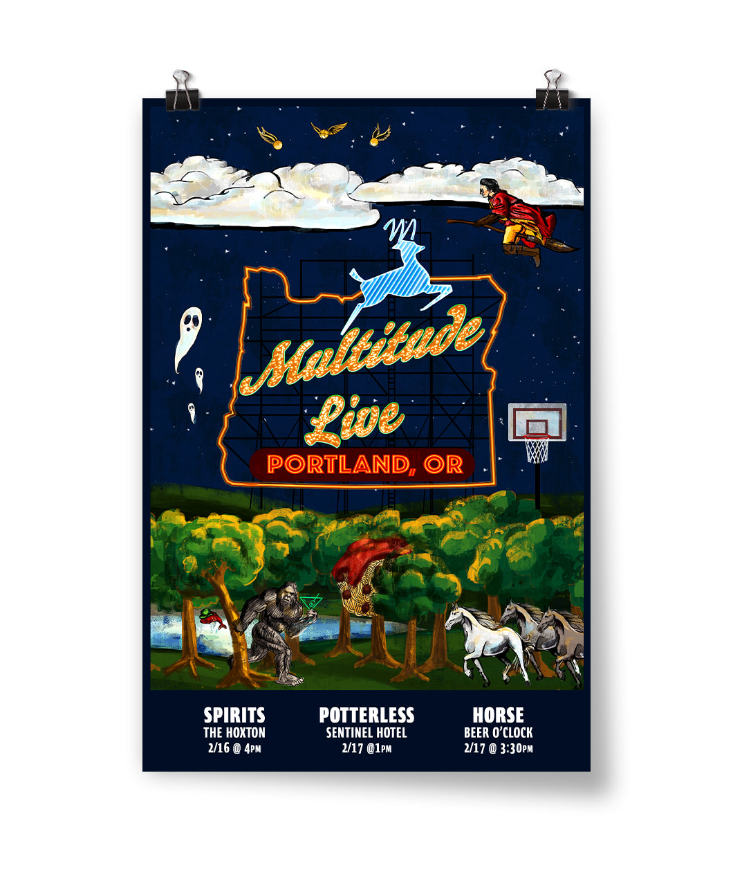 A poster that says "Multitude Live; Portland, OR" in a the middle of the outline of the state of Washington. In the sky is clouds, ghosts, snitches and Harry Potter on a broomstick. Below is a forest filled with horses and a creature holding the Spirits logo. At the very bottom are dates and locations listed for Spirits, Potterless and Horse.