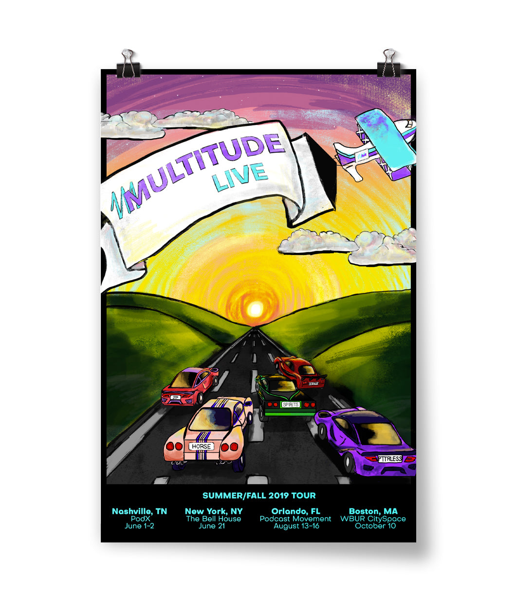 A poster that says "Multitude Live" on a banner being pulled by an airplane. Cars drive down a road towards a sunny horizon. The bottom lists dates and locations for the "Summer/Fall 2019 Tour".
