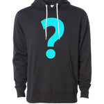 Black hoodie with white laces and light blue question mark in center of design - from DFTBA Records