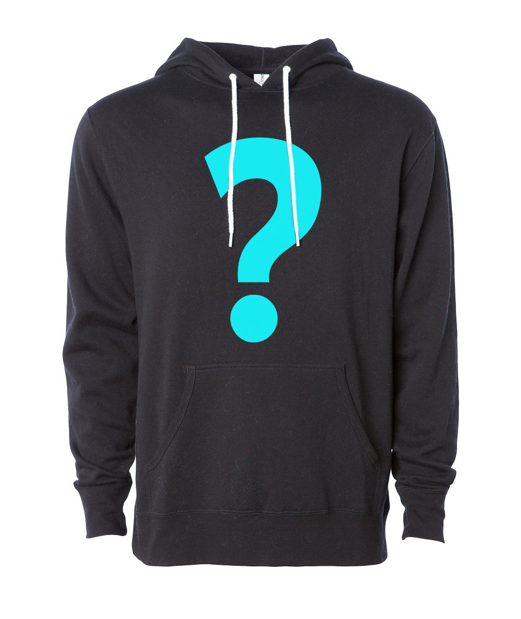 Black hoodie with white laces and light blue question mark in center of design - from DFTBA Records