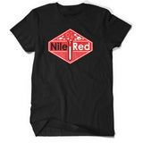 A black t-shirt with a red diamond that reads "Nile Red" with a test tube in the middle and molecules floating above the top.