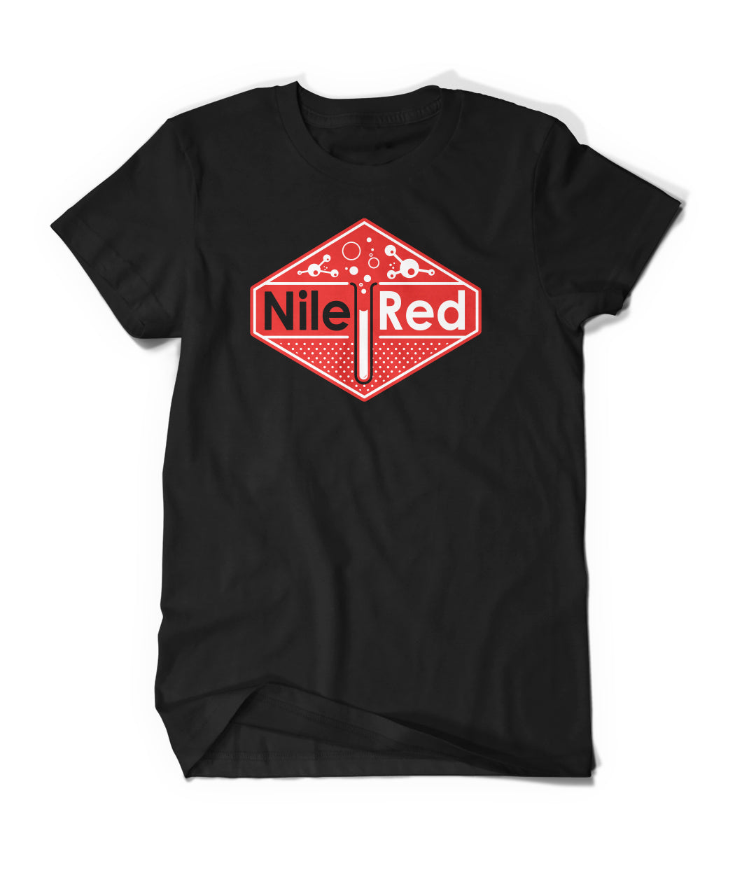 A black t-shirt with a red diamond that reads 