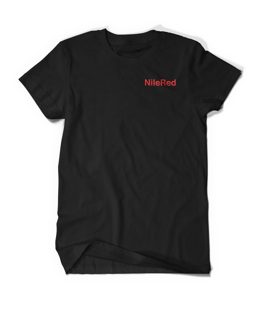 A classic black t-shirt with "NileRed" embroidered in red thread in the upper right breast position.