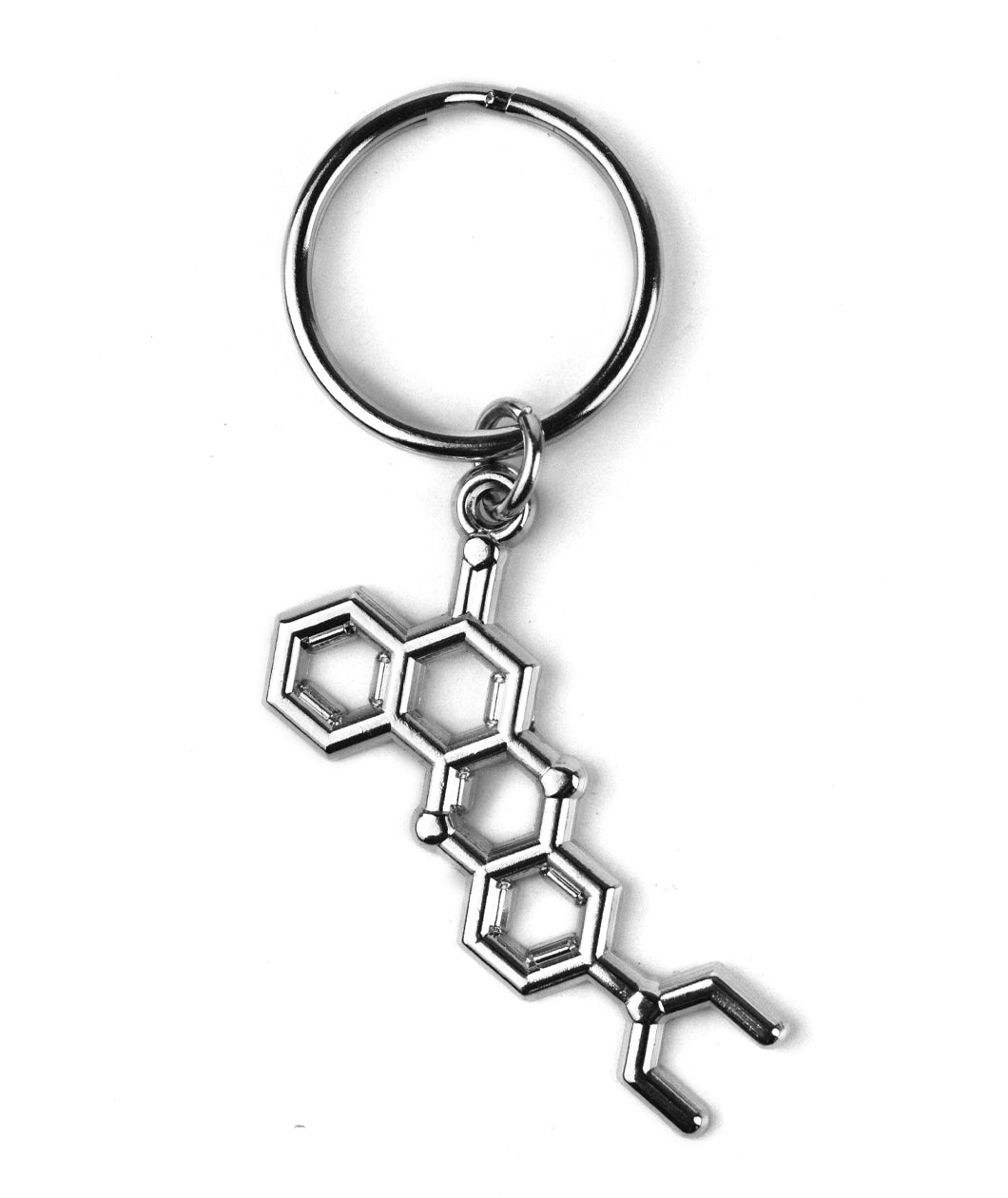 A silver keychain from NileRed with a metal molecule hanging from the ring. 
