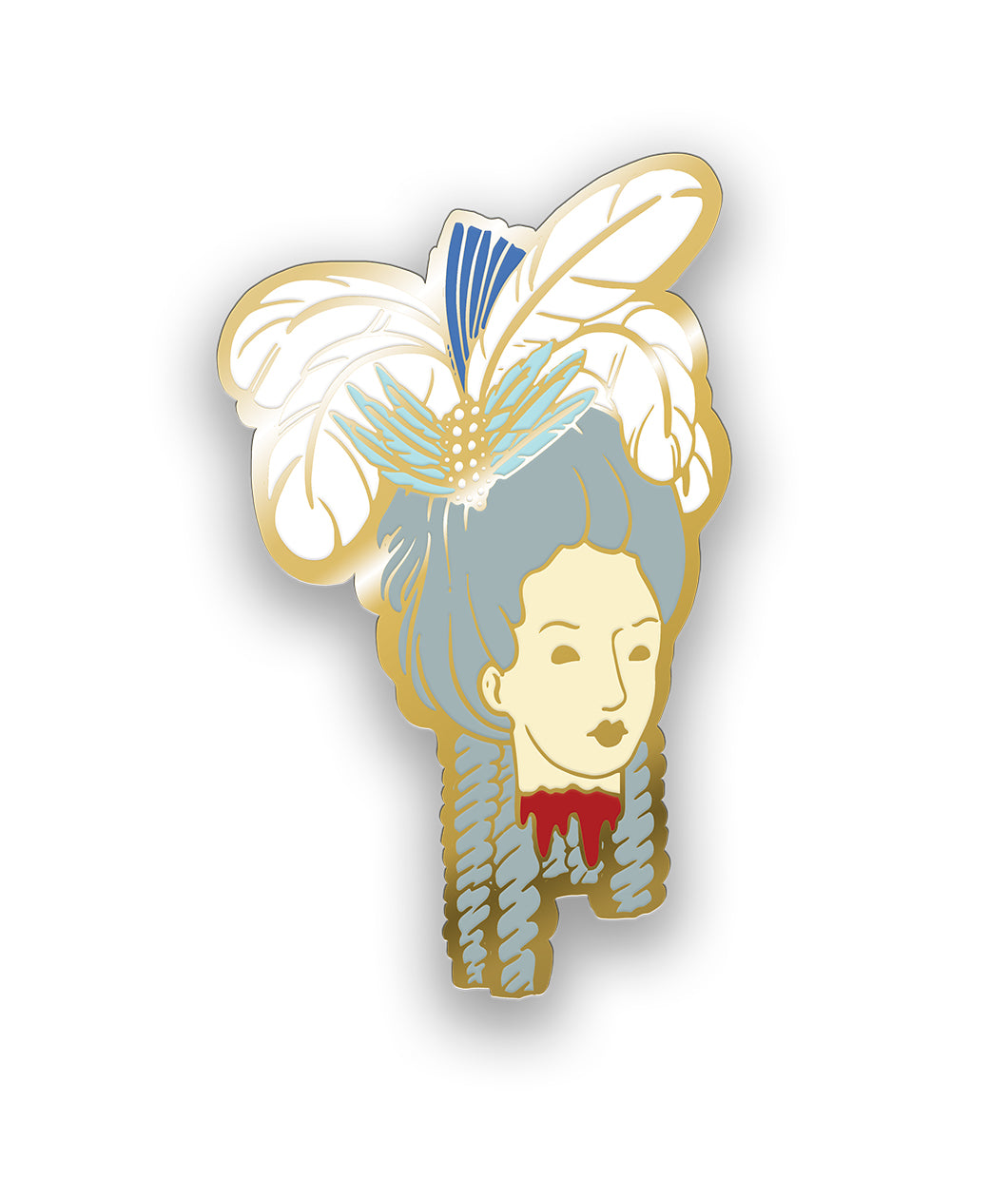 A Noble Blood pin of Marie Antoinette's head adorned with feathers with a bloody neck.
