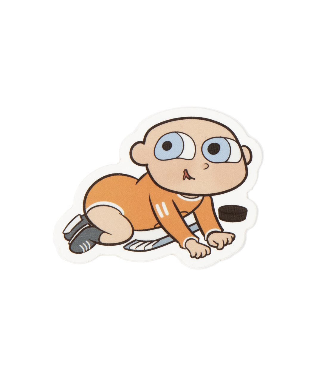 A sticker of a baby crawling, wearing an orange onesie with a hockey stick and puck next to it and big blue eyes looking up. 