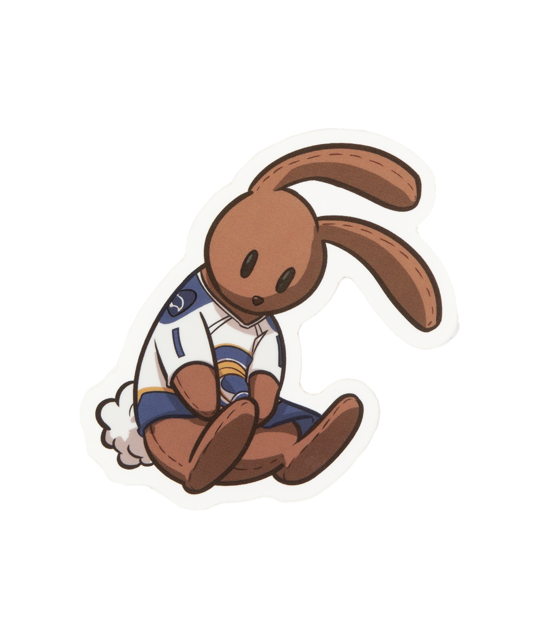 A sticker of a stuffed animal rabbit wearing a jersey.  