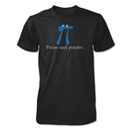 A black t-shirt with a blue pi with a small black smile and two white oval eyes with black irises on the top of the pi drawing with “Pause and ponder.” written underneath in a white serift font in the center of the shirt - from 3Blue1Brown.