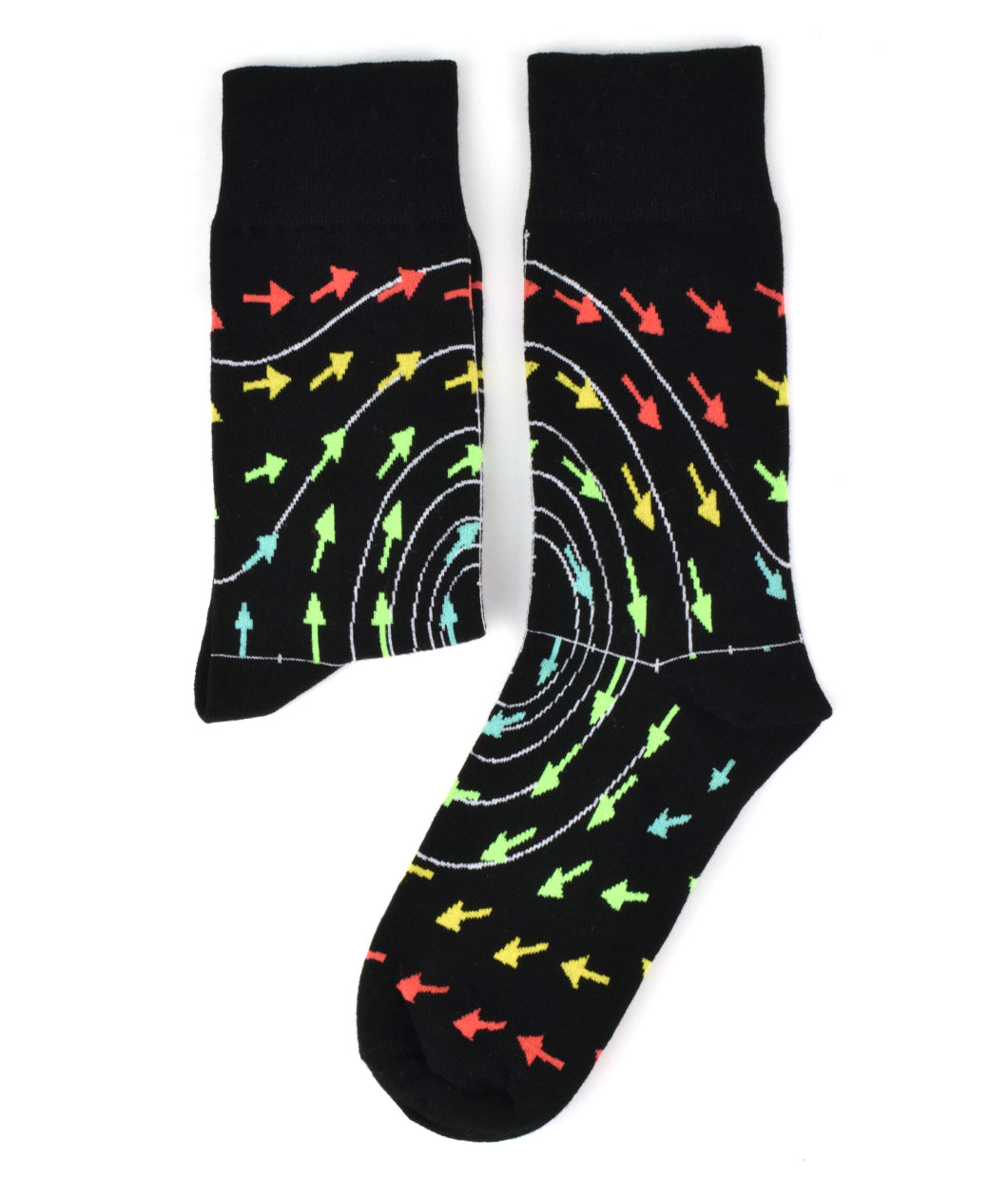 A black sock with spiraling white lines and red, yellow, green, and blue arrows on an axis - from 3Blue1Brown.