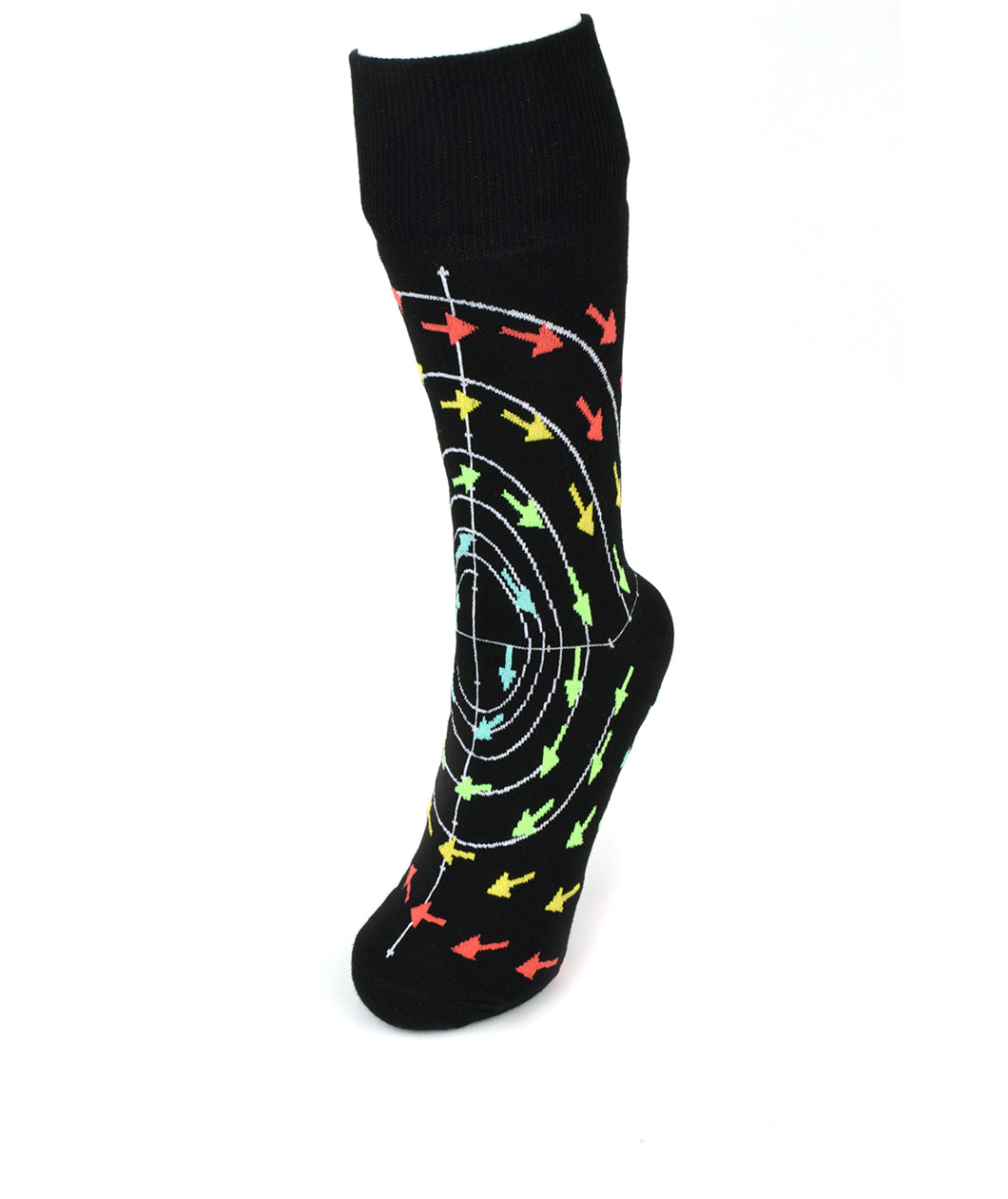 A black sock with spiraling white lines and red, yellow, green, and blue arrows on an axis - from 3Blue1Brown.