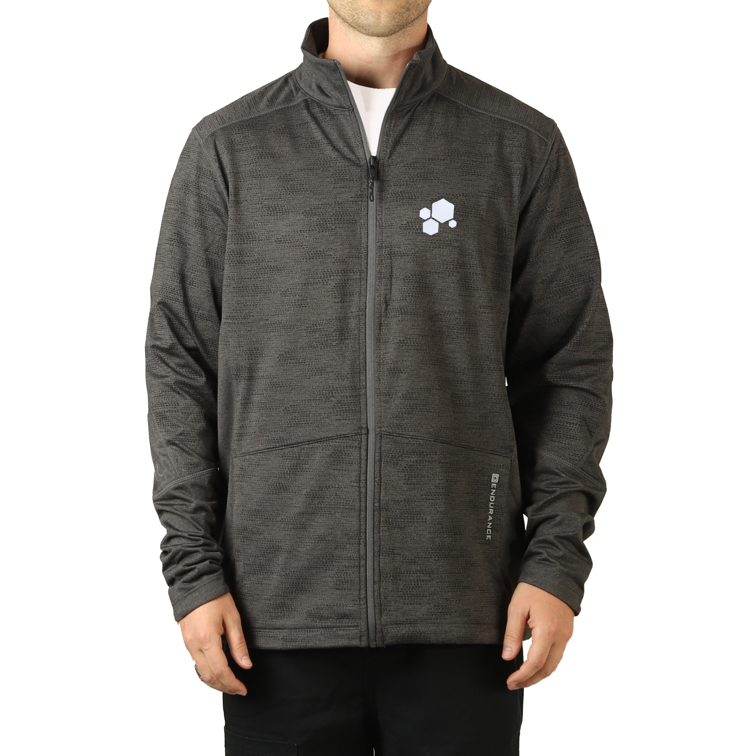 A heather grey zip up jacket with four white hexagons in the top left in varying sizes. 