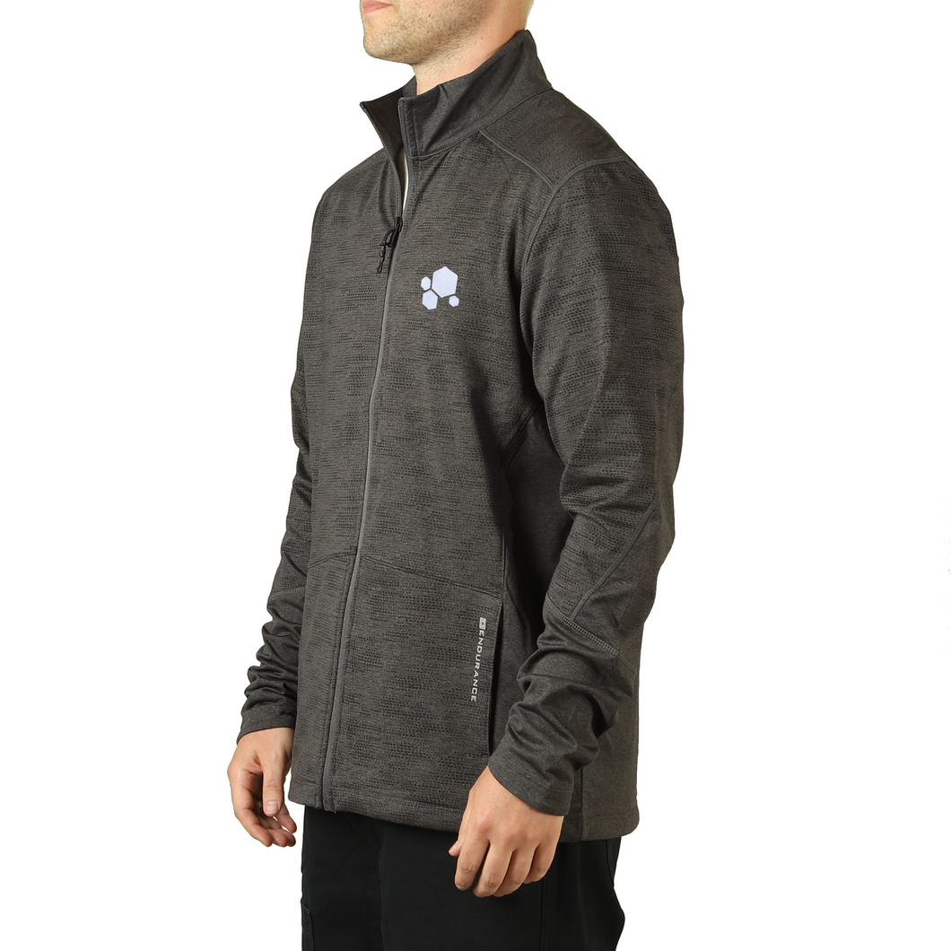 A size view of a heather grey zip up jacket with four white hexagons in the top left in varying sizes. "Endurance" is written on the left pocket - from CGP Grey.