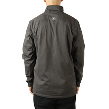 A back view of the heather gray jacket. A small logo of an light gray oval with a dark grey fill and light gray square in the center is just below the collar - - from CGP Grey.
