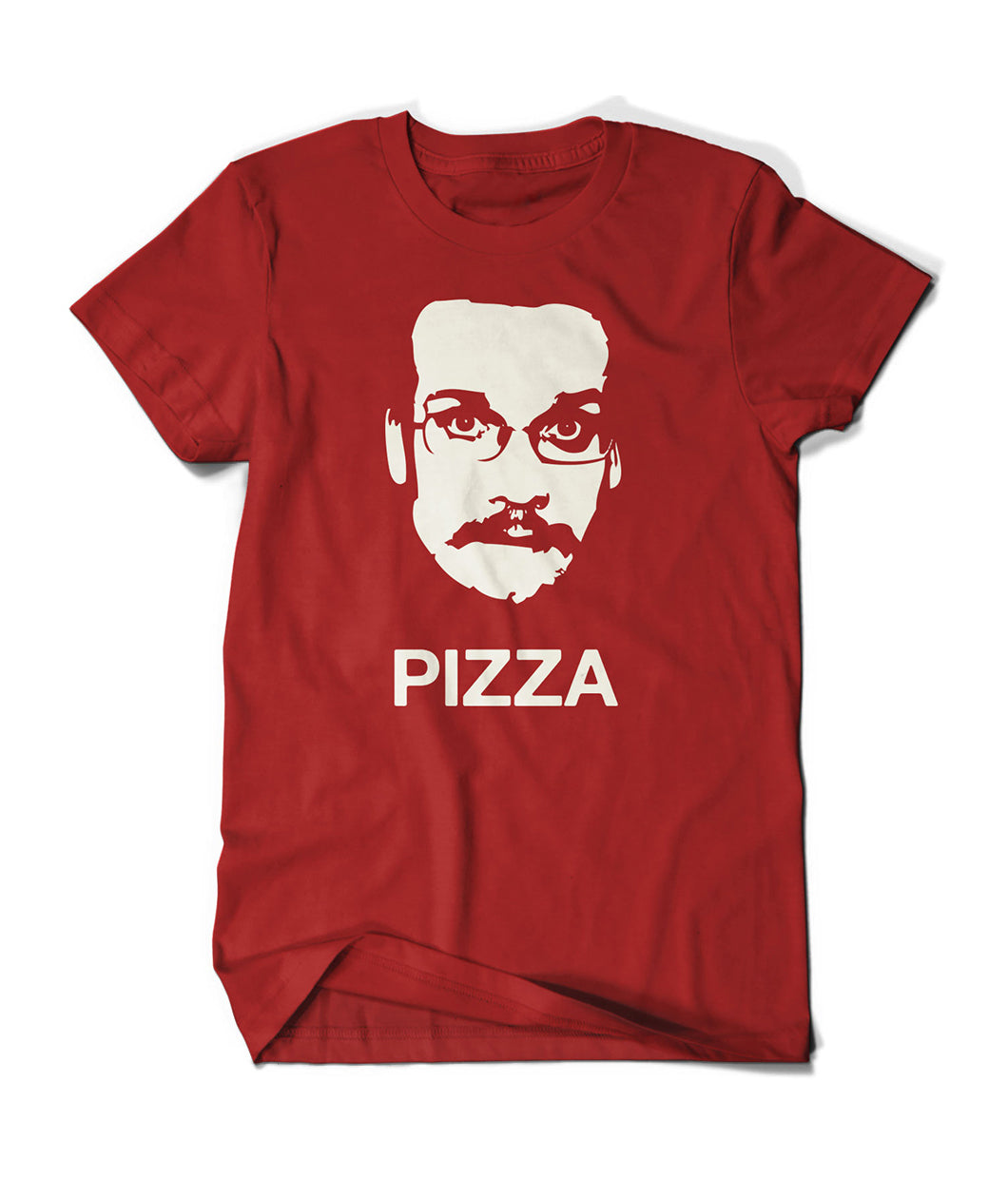 A red shirt with a white vector image of John Green with a mustache in the center and the word “Pizza” written below in white, sans serif font - from Vlogbrothers