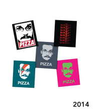 Five different Pizza John designs as stickers from 2014 - from Vlogbrothers