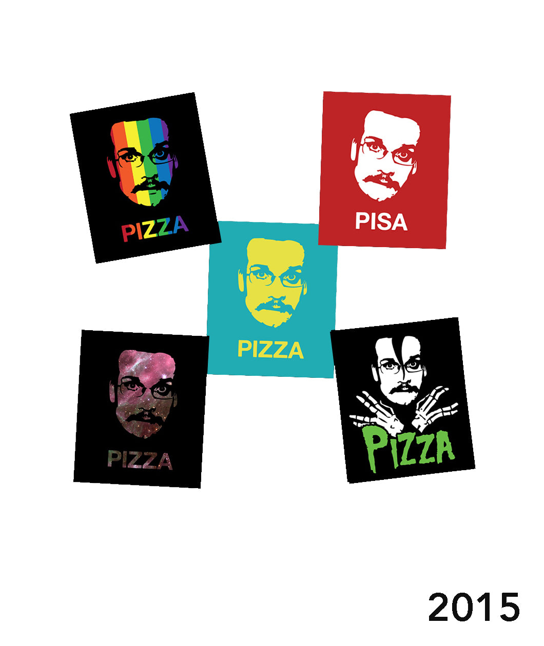 Five different Pizza John designs as stickers from 2015 - from Vlogbrothers