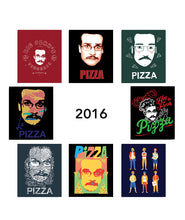 Eight different Pizza John designs as stickers from 2016 - from Vlogbrothers