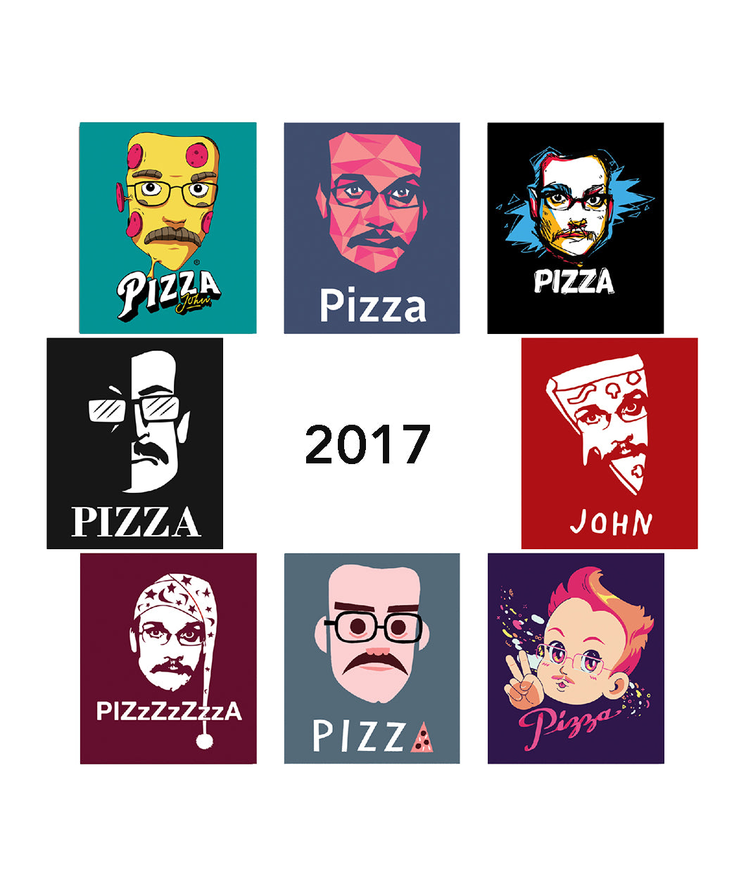 Eight different Pizza John designs as stickers from 2017 - from Vlogbrothers