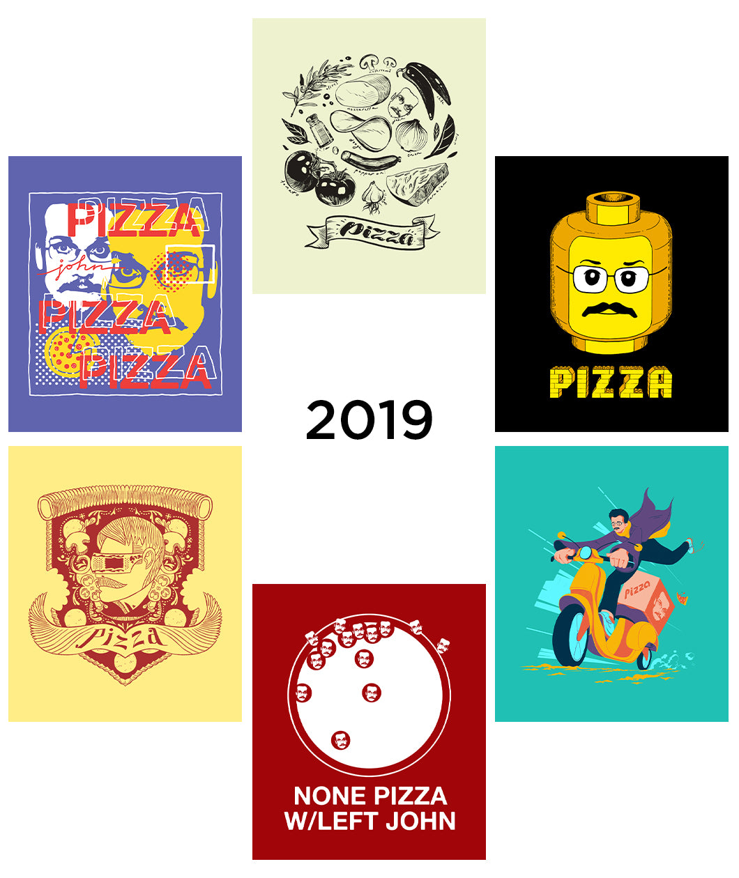 Six different Pizza John designs as stickers from 2019 - from Vlogbrothers