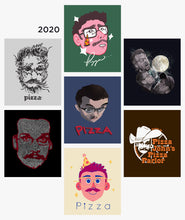 Seven different Pizza John designs as stickers from 2020 - from Vlogbrothers
