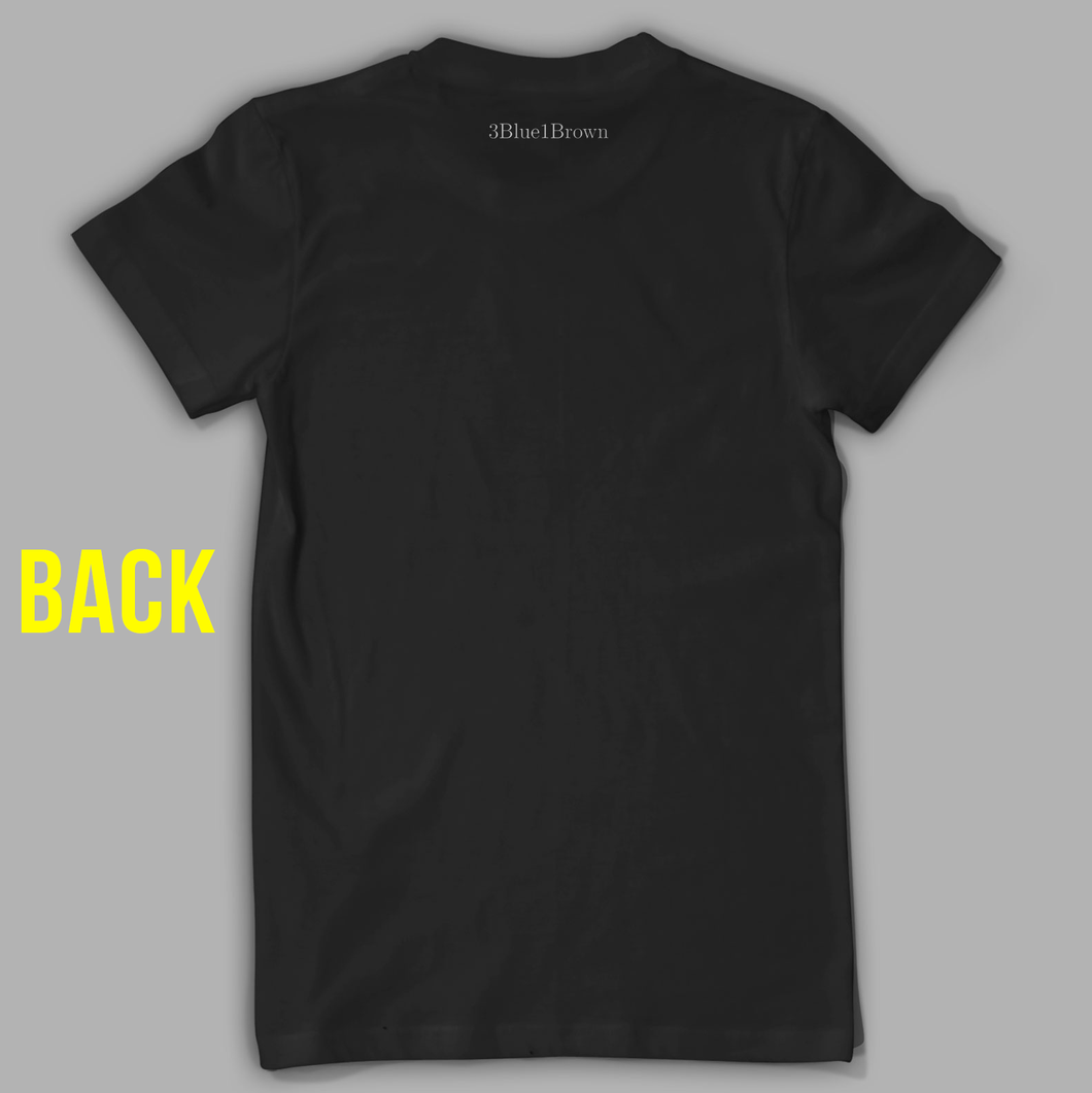 The back of a black t-shirt with 3Blue1Brown in white underneath the collar - from 3Blue1Brown