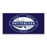 Dark blue rectangle with a scene showing Hogwarts is an oval. Across the scene it reads "Potterless" with "Outwit, Outplay and Outlast" along the outside. 