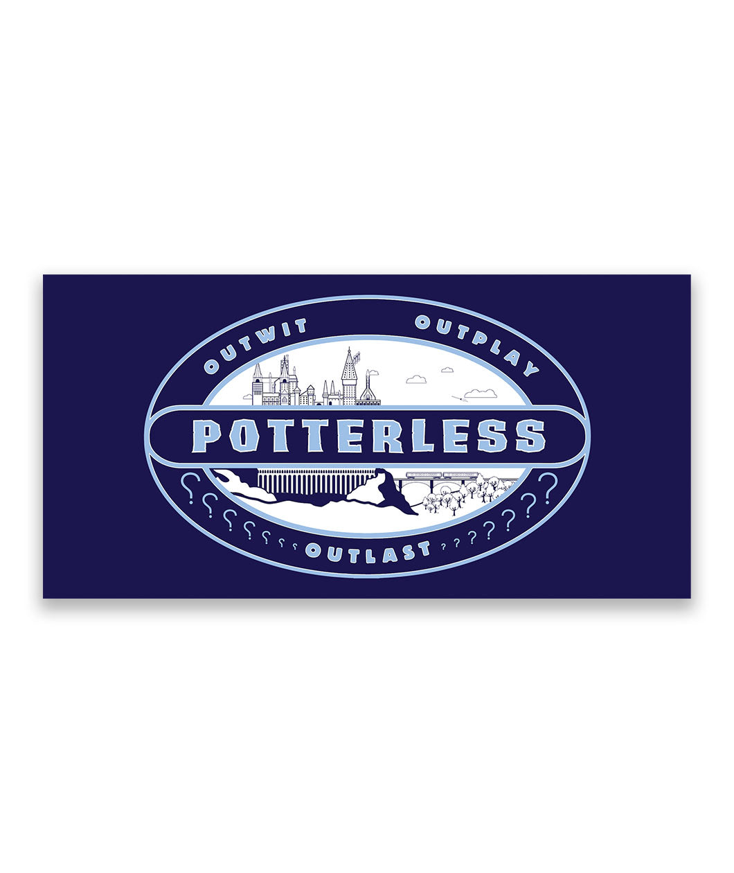 Dark blue rectangle with a scene showing Hogwarts is an oval. Across the scene it reads 