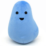 An ovular blue plushie with a wide base and thinner top. Two black circles act as the eyes and a half circle is the mouth - from Primer