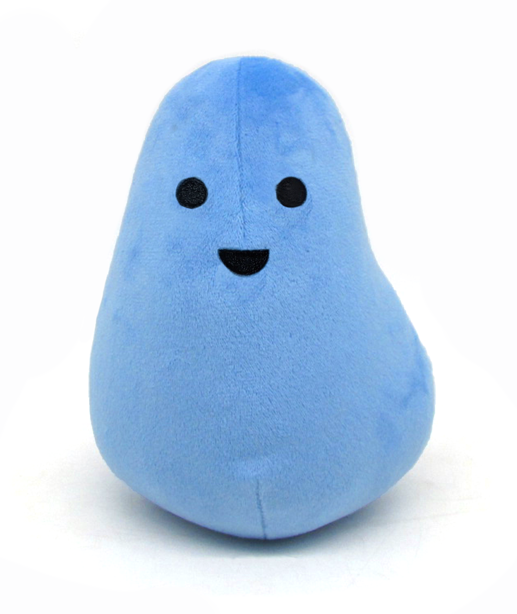 An ovular blue plushie with a wide base and thinner top. Two black circles act as the eyes and a half circle is the mouth - from Primer