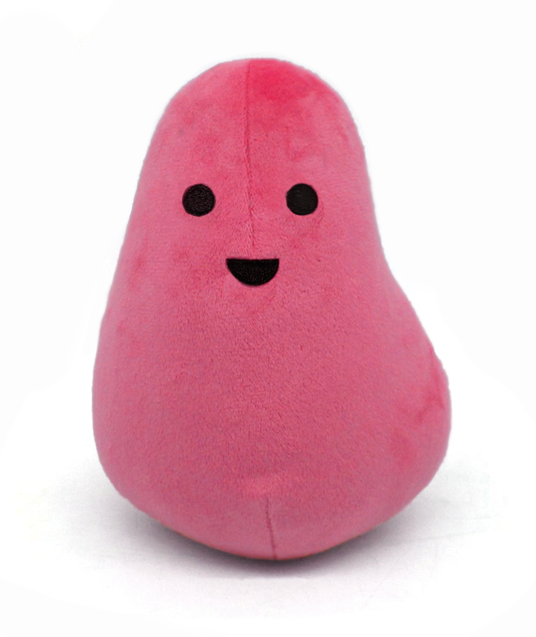 An ovular red plushie with a wide base and thinner top. Two black circles act as the eyes and a half circle is the mouth - from Primer