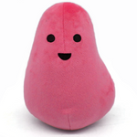 An ovular red plushie with a wide base and thinner top. Two black circles act as the eyes and a half circle is the mouth - from Primer
