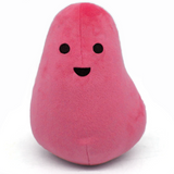An ovular red plushie with a wide base and thinner top. Two black circles act as the eyes and a half circle is the mouth - from Primer