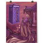 A poster showing Rapunzel in her tower, brushing her hair. Floating in the air in the phone booth from Doctor Who with a hand reaching out. From Karen Hallion. 