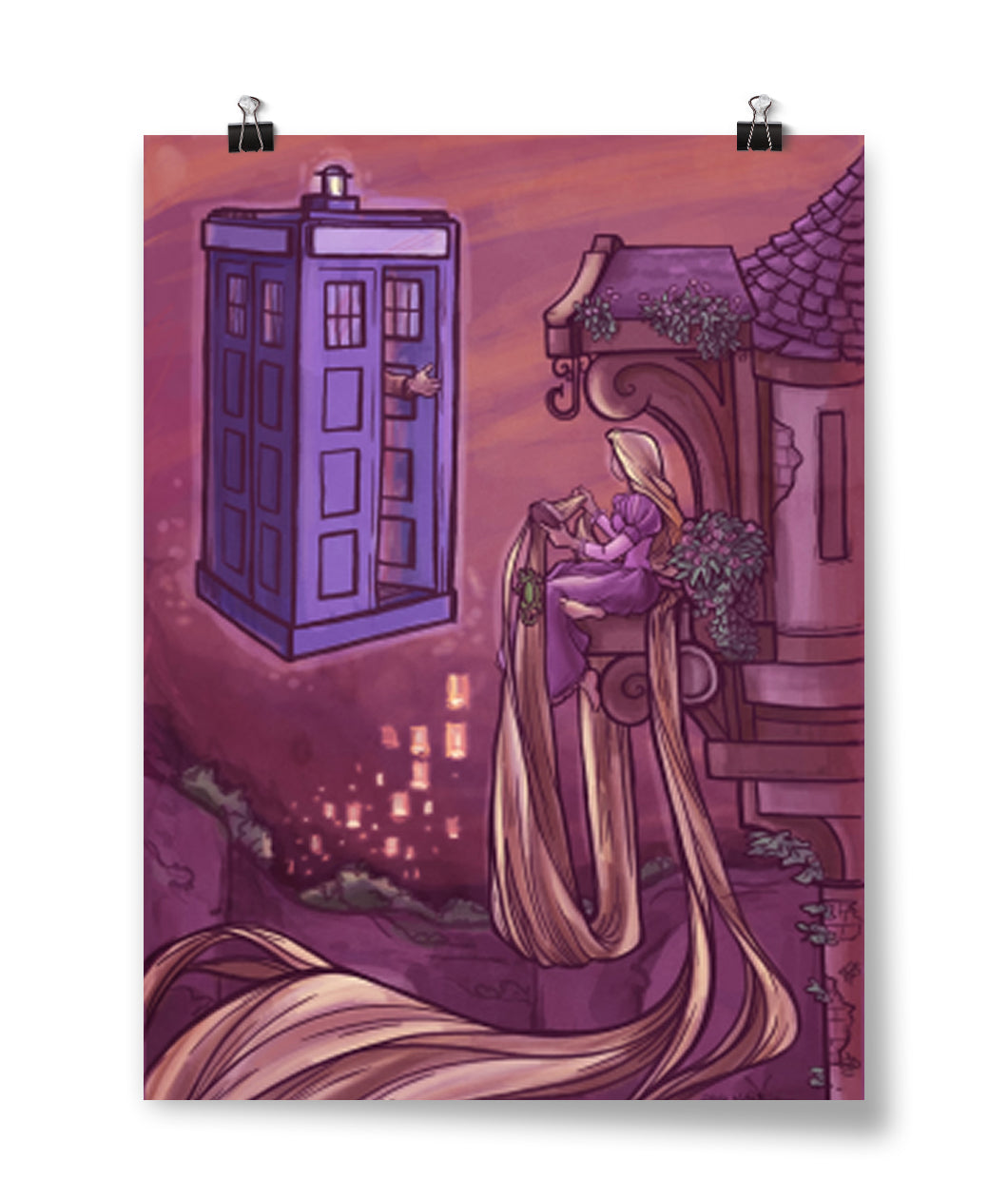 A poster showing Rapunzel in her tower, brushing her hair. Floating in the air in the phone booth from Doctor Who with a hand reaching out. From Karen Hallion. 