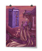 A poster showing Rapunzel in her tower, brushing her hair. Floating in the air in the phone booth from Doctor Who with a hand reaching out. From Karen Hallion. 