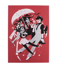 A red poster with three characters from Appeal all smiling together under an umbrella. 
