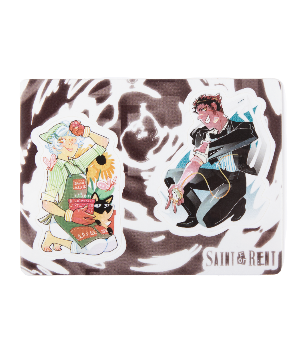 A sticker sheet of one sticker of Armand and one of Saint from Ru Xu. 