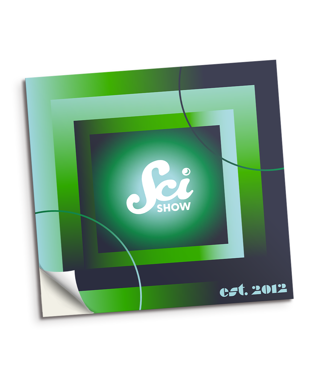 A square Scishow decal in dark blue and green gradients with the Scishow logo in white in the middle of the decal. Small text in the bottom right corner reads "est. 2012". 