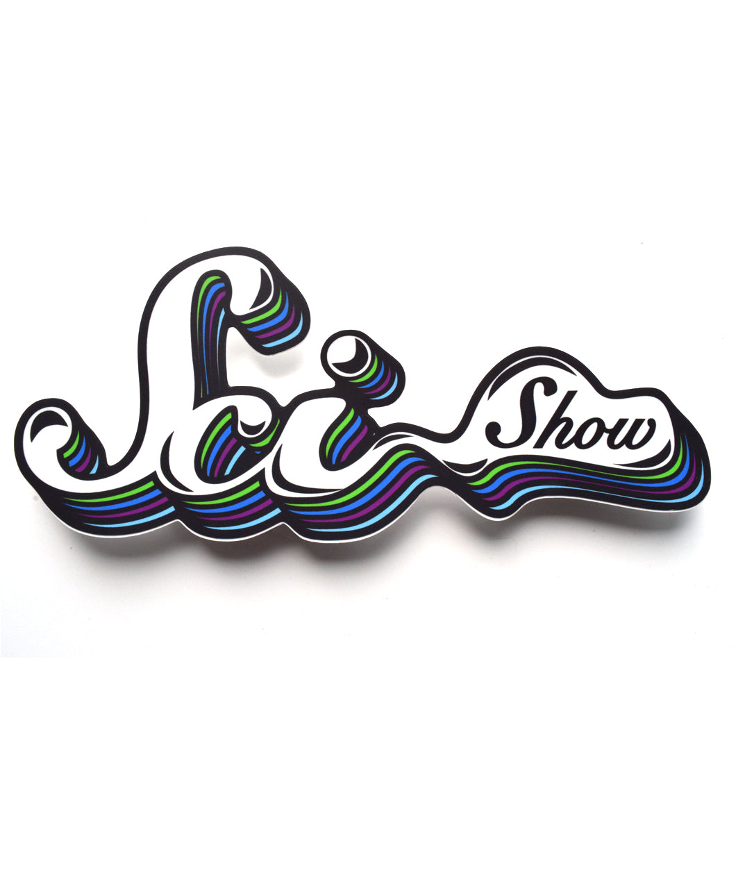 “SciShow” logo sticker. “Sci” is in white cursive font with a bubble attached surrounding “Show” in black cursive font. A green, purple, and blue drop shadow is behind logo - from SciShow