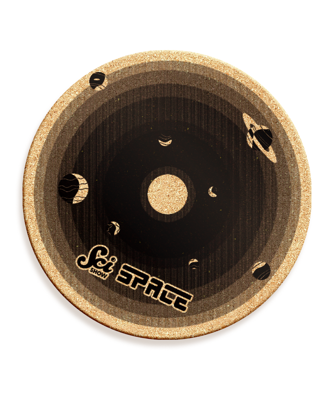 A round cork board with shades of black, showing the different planets. It says 